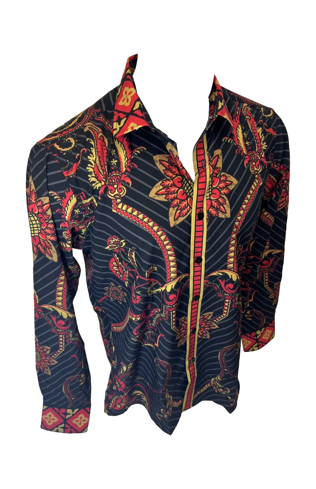 Men's Long Sleeve Button Down Dress Shirt Black Red Gold Geometric Floral Tribal