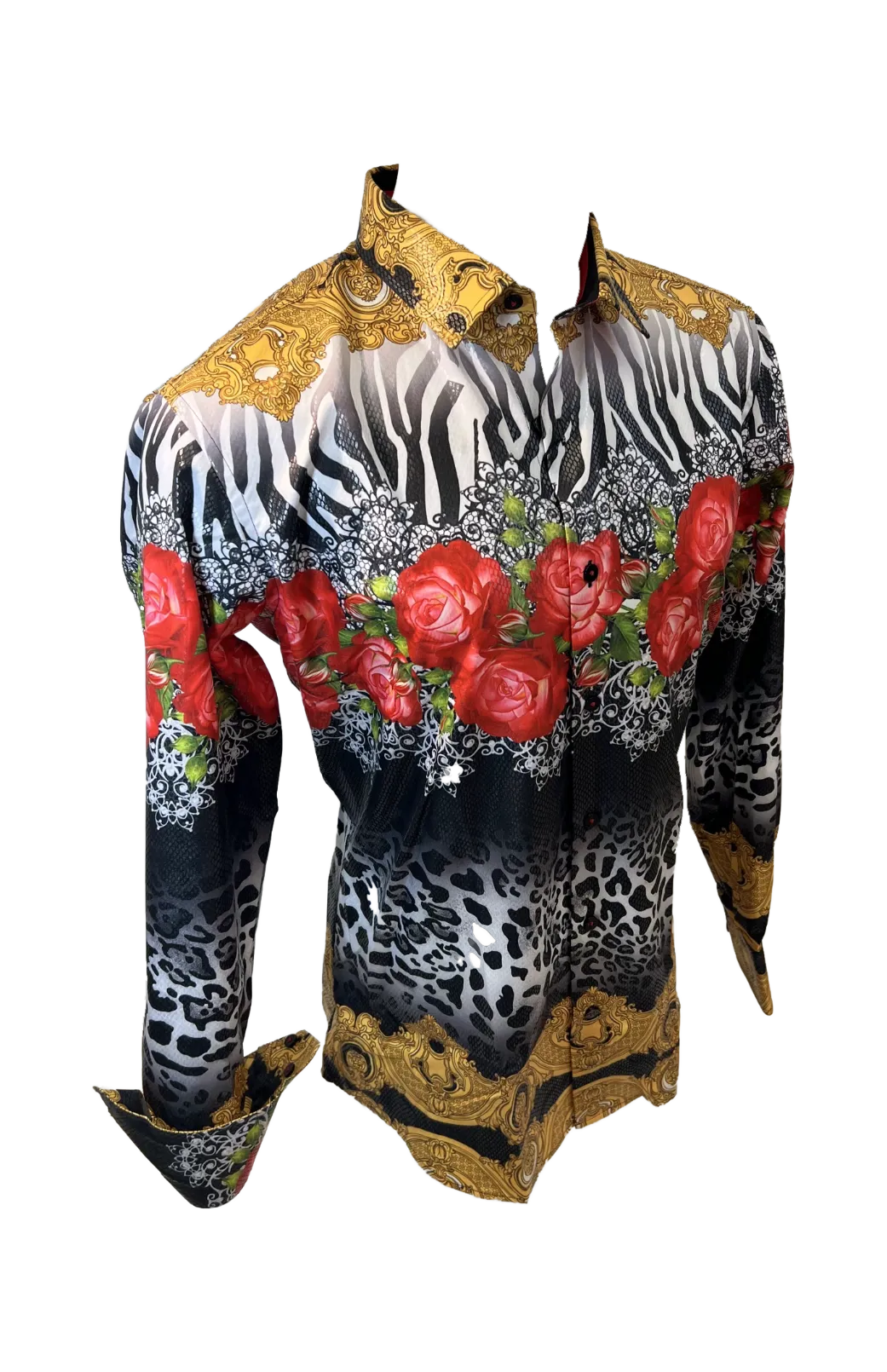 Men's Long Sleeve Button Down Dress Shirt Floral Rose Tiger Stripes White Black Red Gold