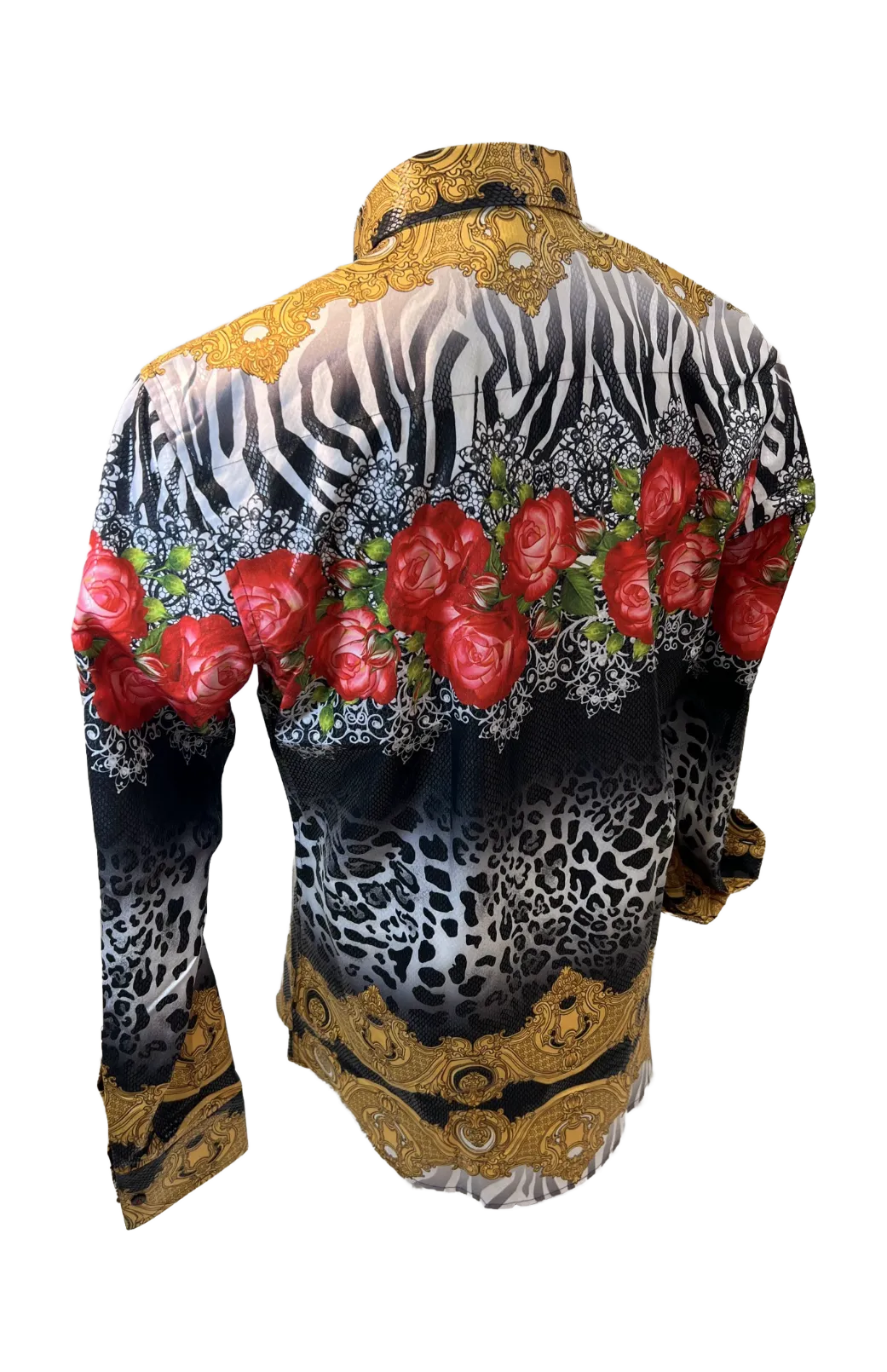 Men's Long Sleeve Button Down Dress Shirt Floral Rose Tiger Stripes White Black Red Gold