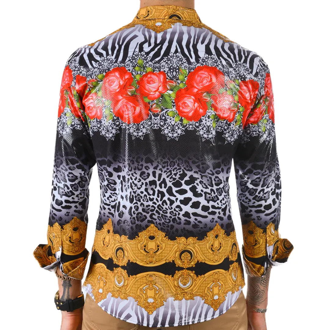 Men's Long Sleeve Button Down Dress Shirt Floral Rose Tiger Stripes White Black Red Gold