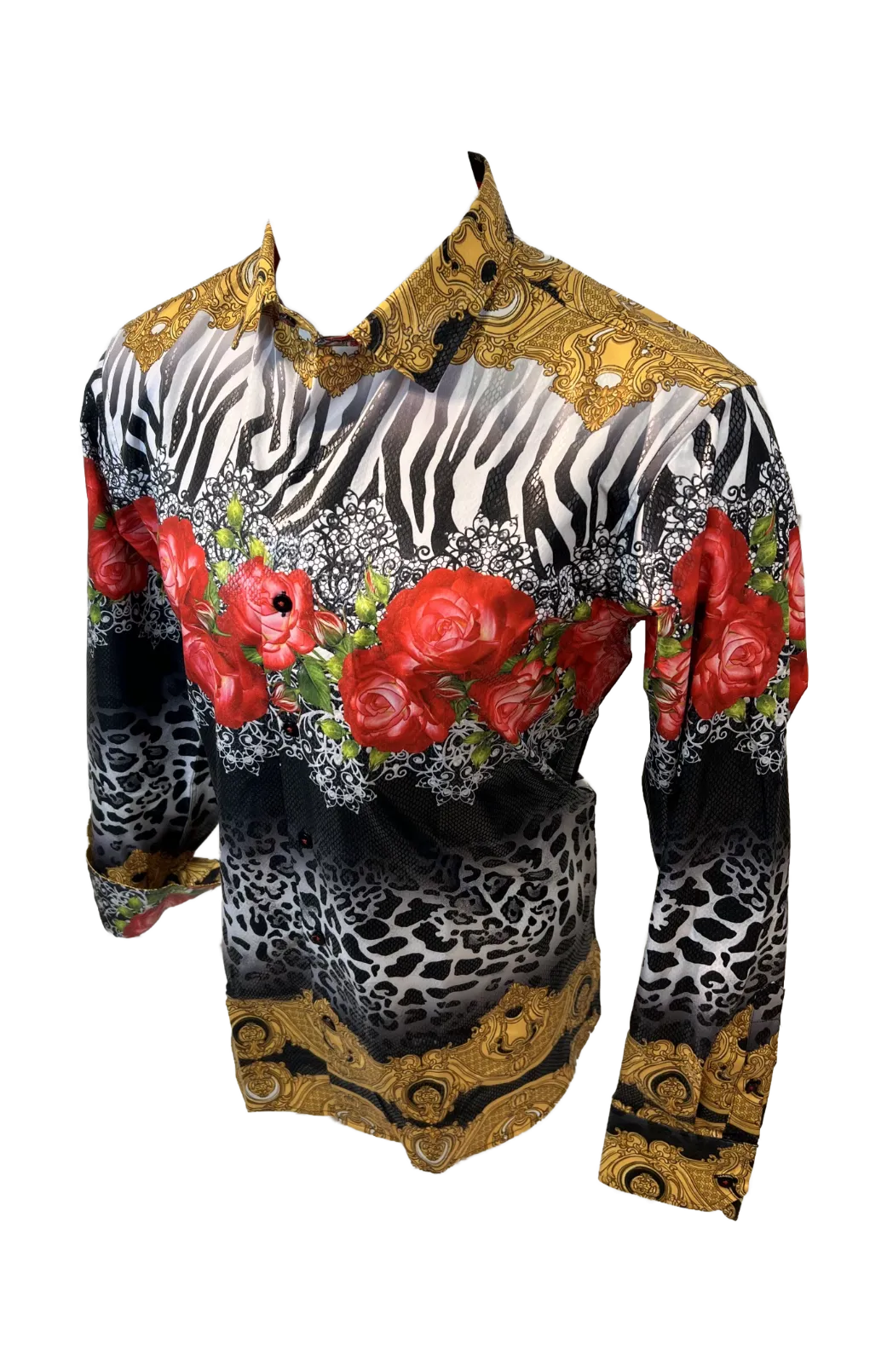 Men's Long Sleeve Button Down Dress Shirt Floral Rose Tiger Stripes White Black Red Gold
