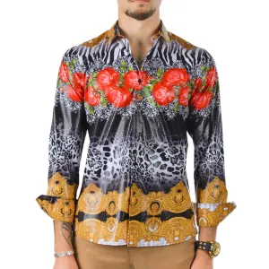 Men's Long Sleeve Button Down Dress Shirt Floral Rose Tiger Stripes White Black Red Gold