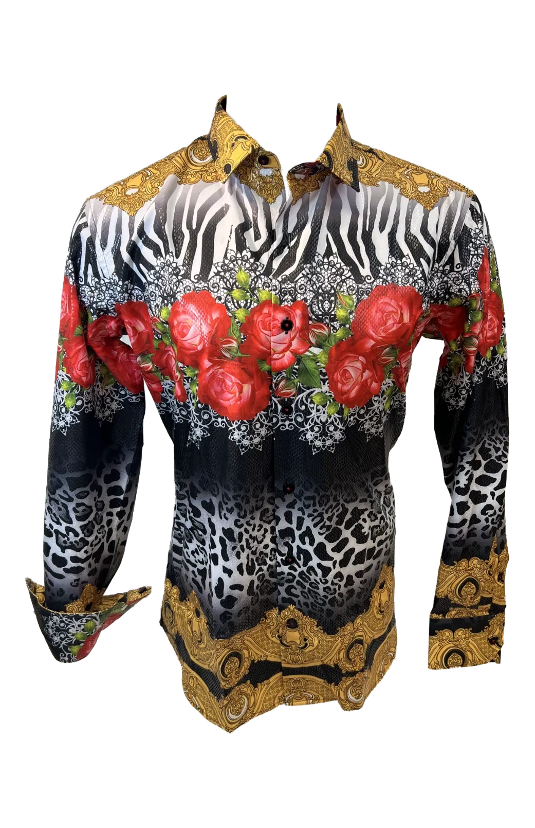 Men's Long Sleeve Button Down Dress Shirt Floral Rose Tiger Stripes White Black Red Gold