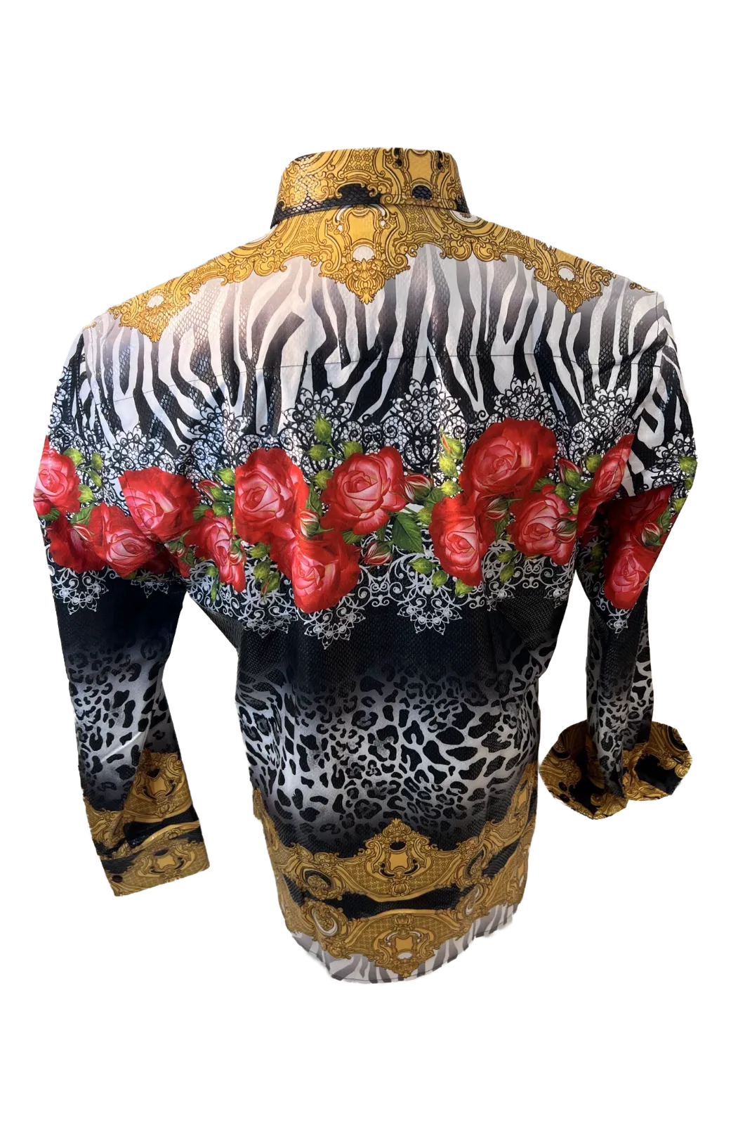 Men's Long Sleeve Button Down Dress Shirt Floral Rose Tiger Stripes White Black Red Gold