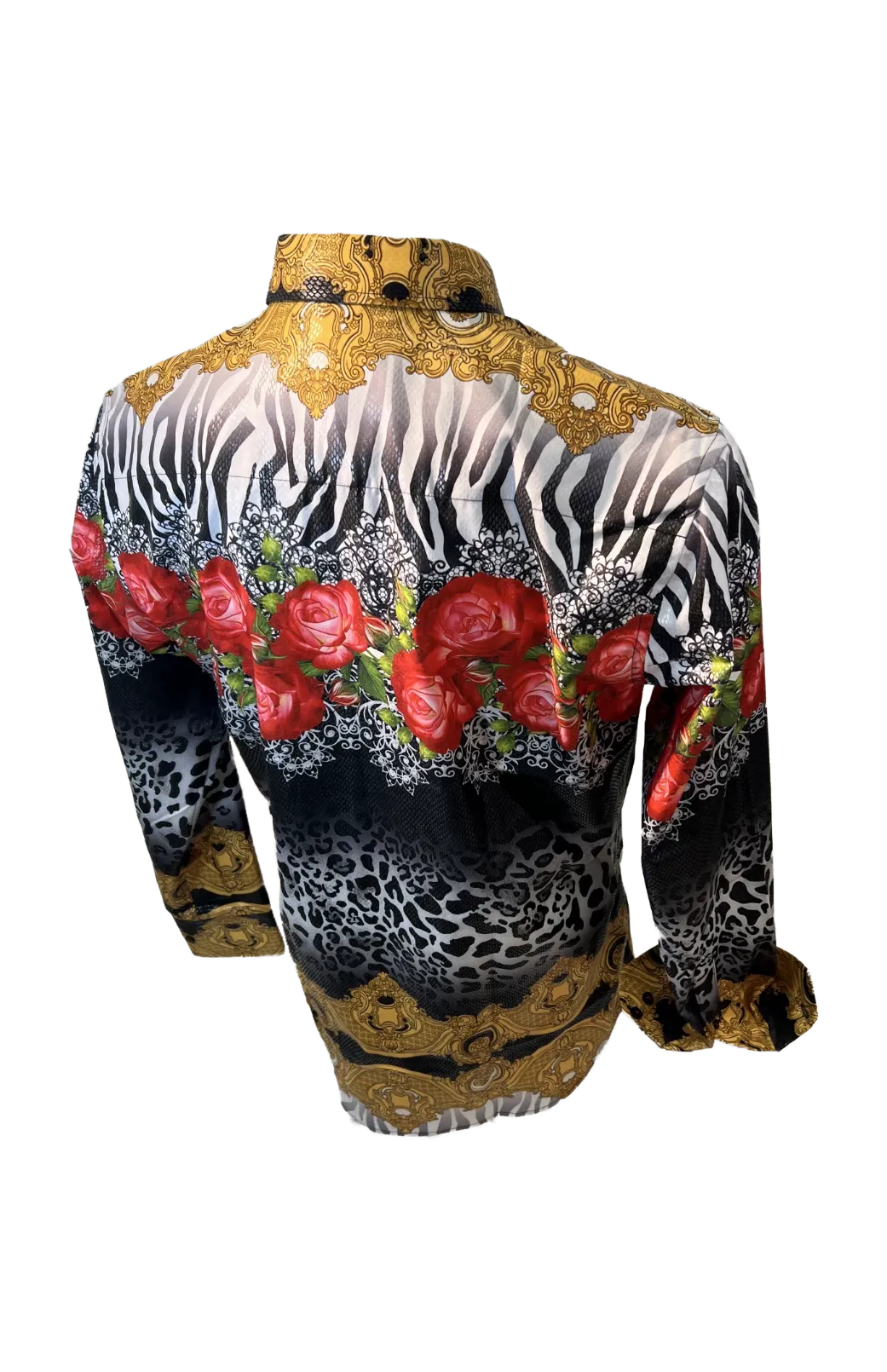 Men's Long Sleeve Button Down Dress Shirt Floral Rose Tiger Stripes White Black Red Gold