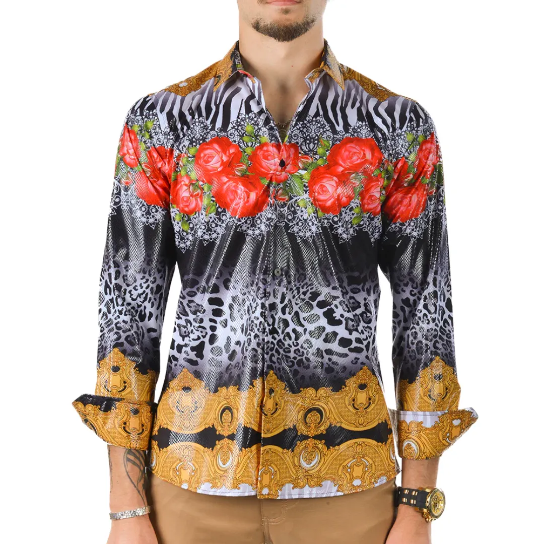 Men's Long Sleeve Button Down Dress Shirt Floral Rose Tiger Stripes White Black Red Gold