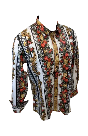 Men's Long Sleeve Button Down Dress Shirt Red White Gold Floral Tribal Geometric