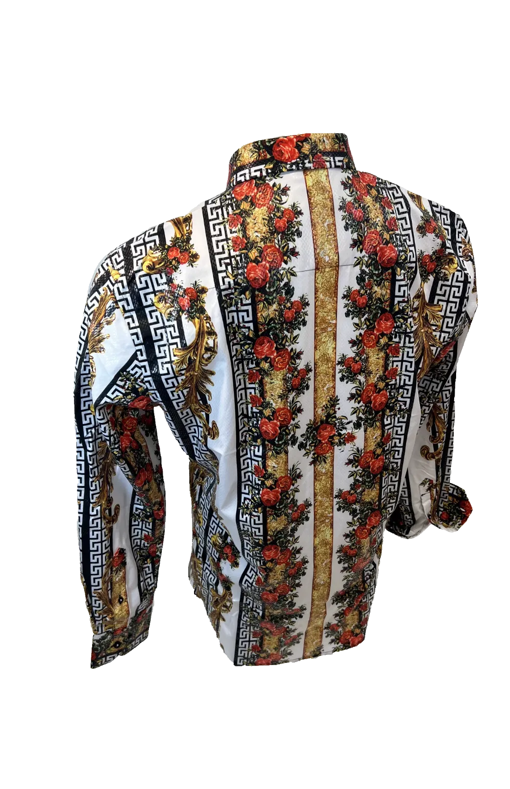 Men's Long Sleeve Button Down Dress Shirt Red White Gold Floral Tribal Geometric