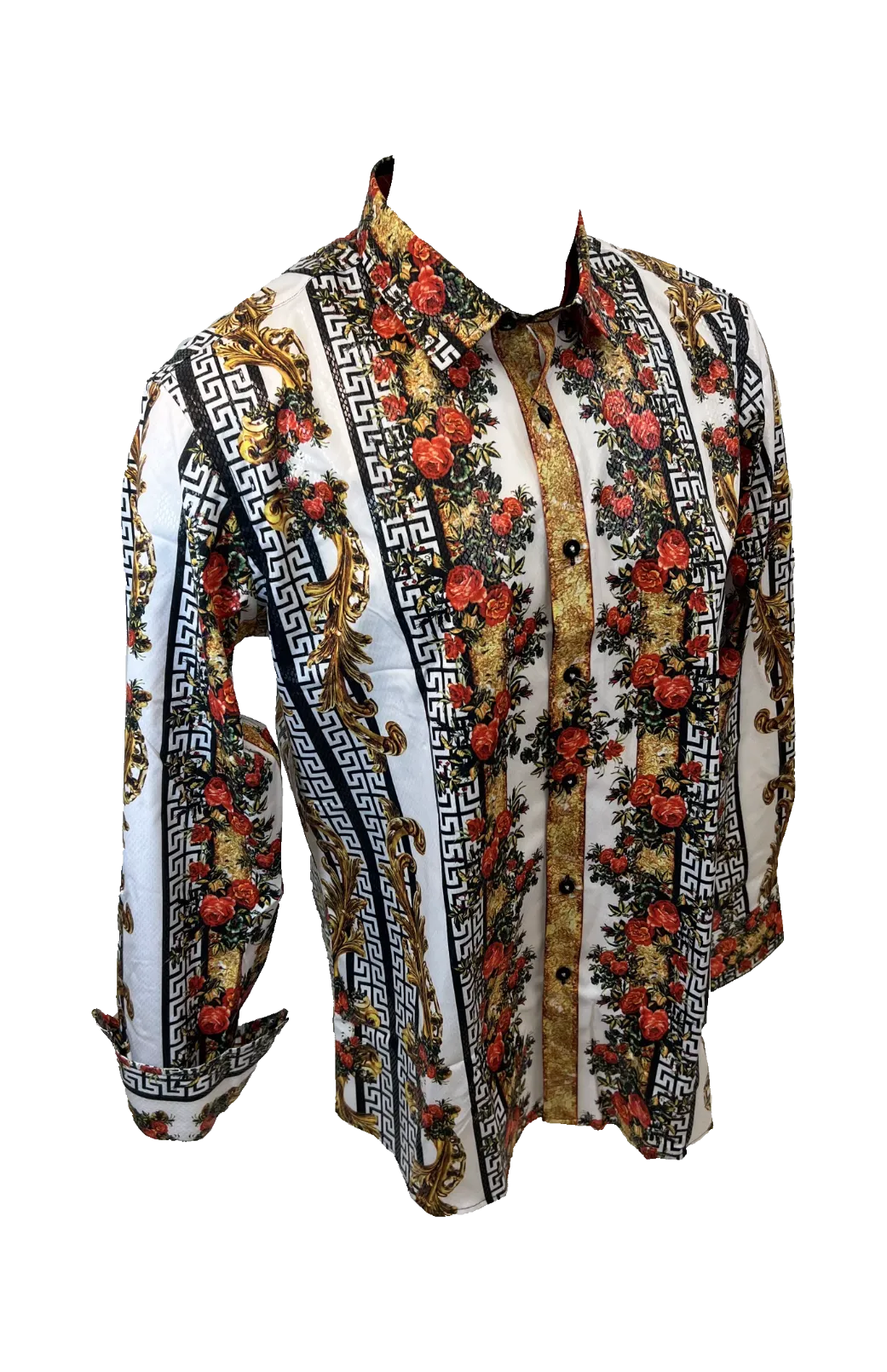 Men's Long Sleeve Button Down Dress Shirt Red White Gold Floral Tribal Geometric
