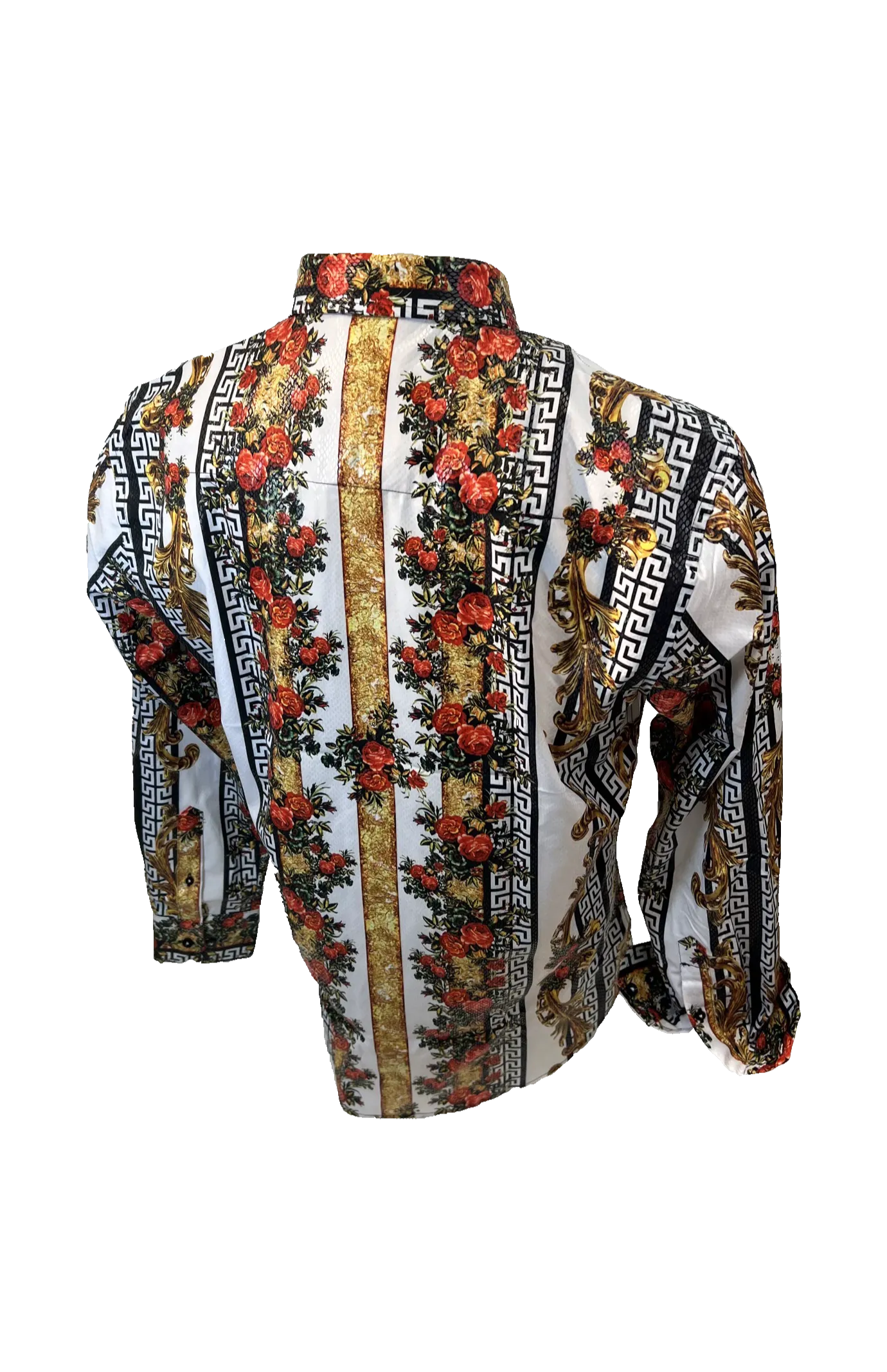Men's Long Sleeve Button Down Dress Shirt Red White Gold Floral Tribal Geometric