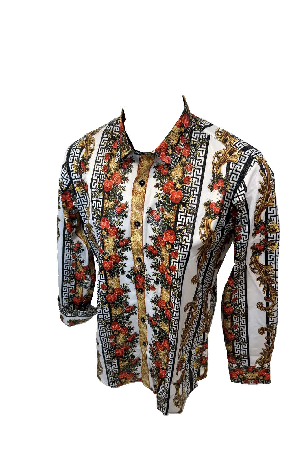 Men's Long Sleeve Button Down Dress Shirt Red White Gold Floral Tribal Geometric