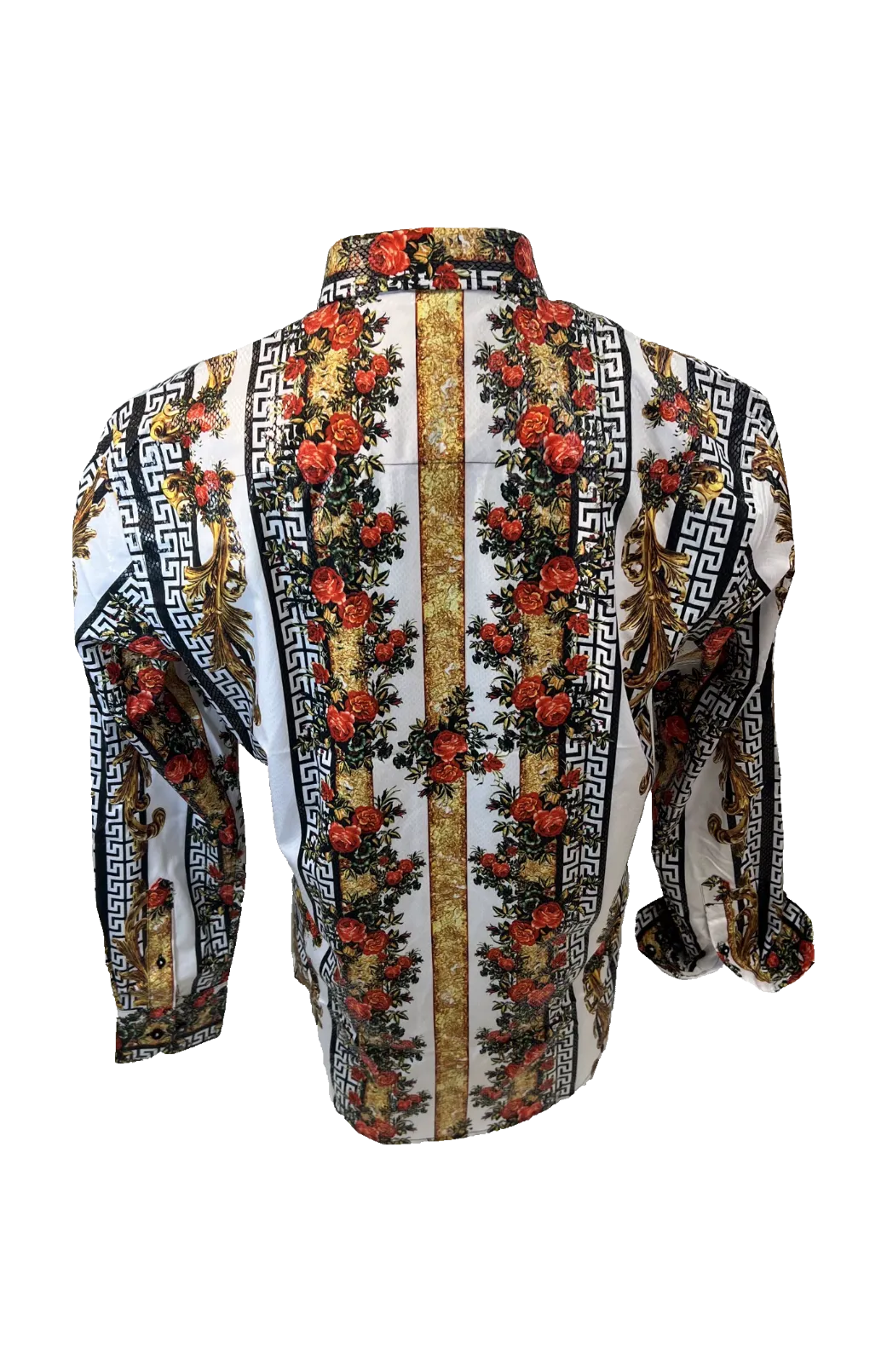 Men's Long Sleeve Button Down Dress Shirt Red White Gold Floral Tribal Geometric