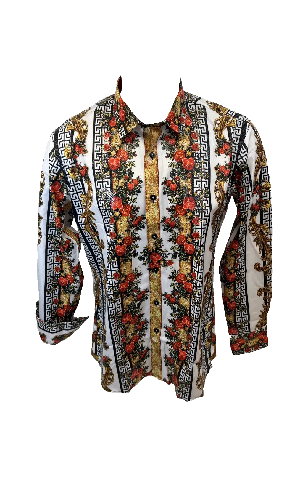 Men's Long Sleeve Button Down Dress Shirt Red White Gold Floral Tribal Geometric