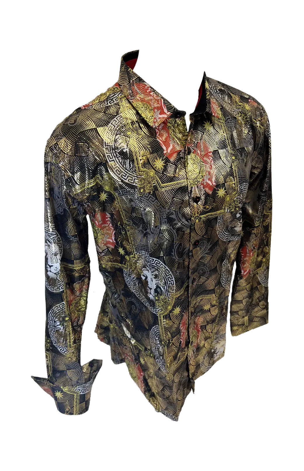 Men's Long Sleeve Button Down Dress Shirt Roar Tiger Black Red Gold Lion Collage