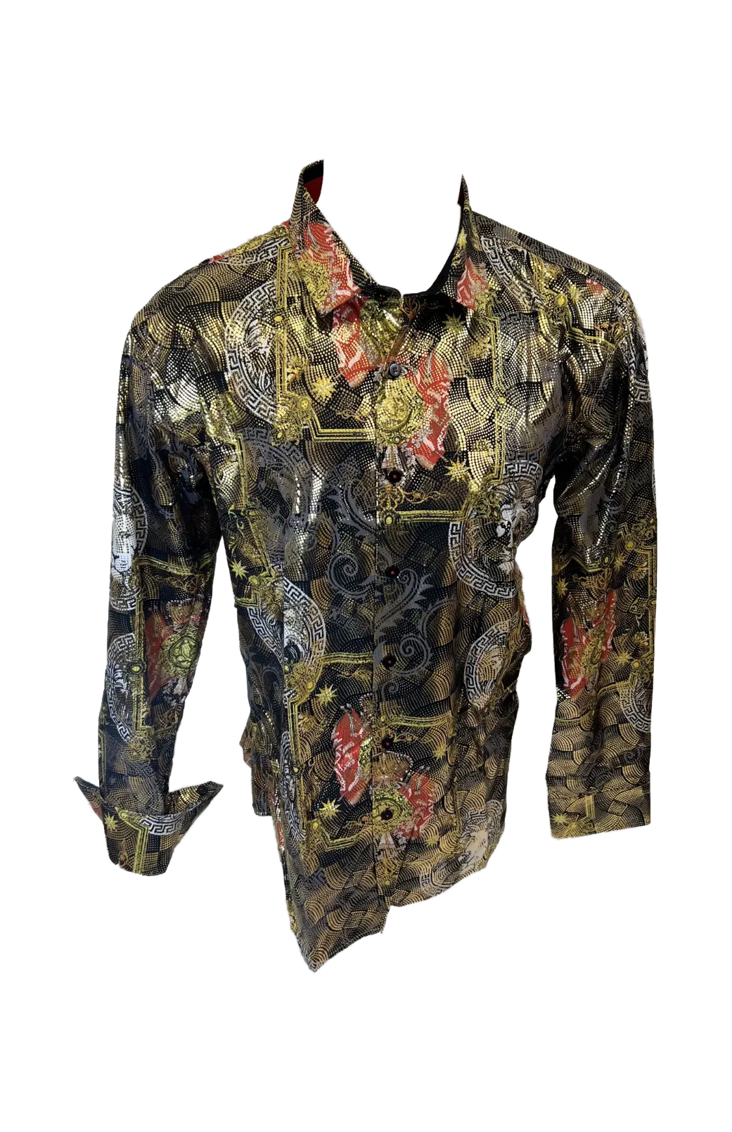 Men's Long Sleeve Button Down Dress Shirt Roar Tiger Black Red Gold Lion Collage