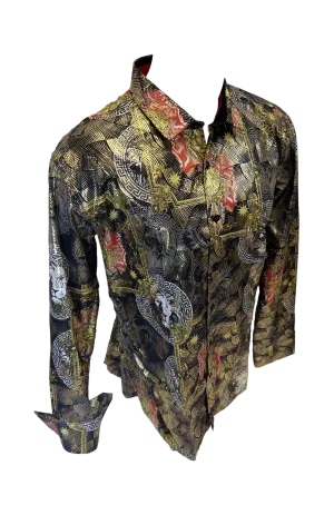 Men's Long Sleeve Button Down Dress Shirt Roar Tiger Black Red Gold Lion Collage