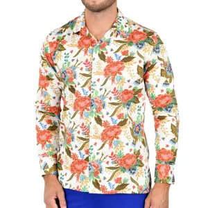 Men's Long Sleeve Button Down Dress Shirt White Red Colorful Floral Design
