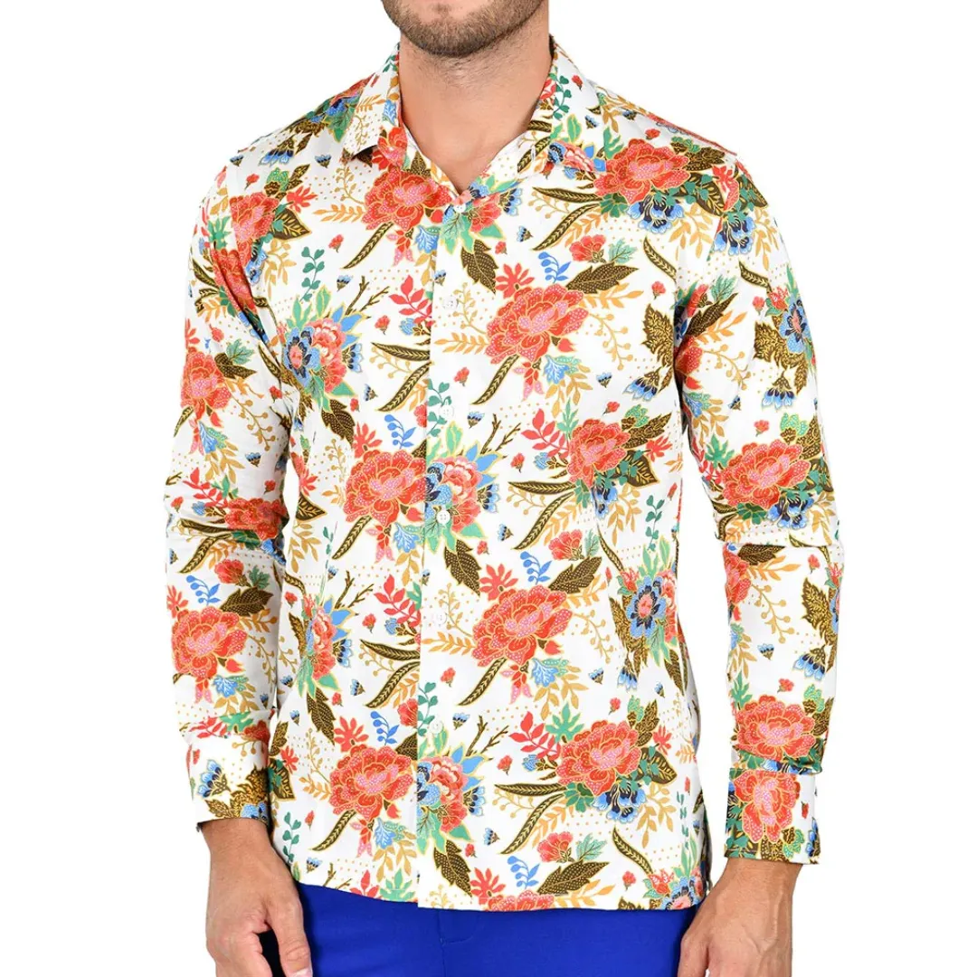 Men's Long Sleeve Button Down Dress Shirt White Red Colorful Floral Design