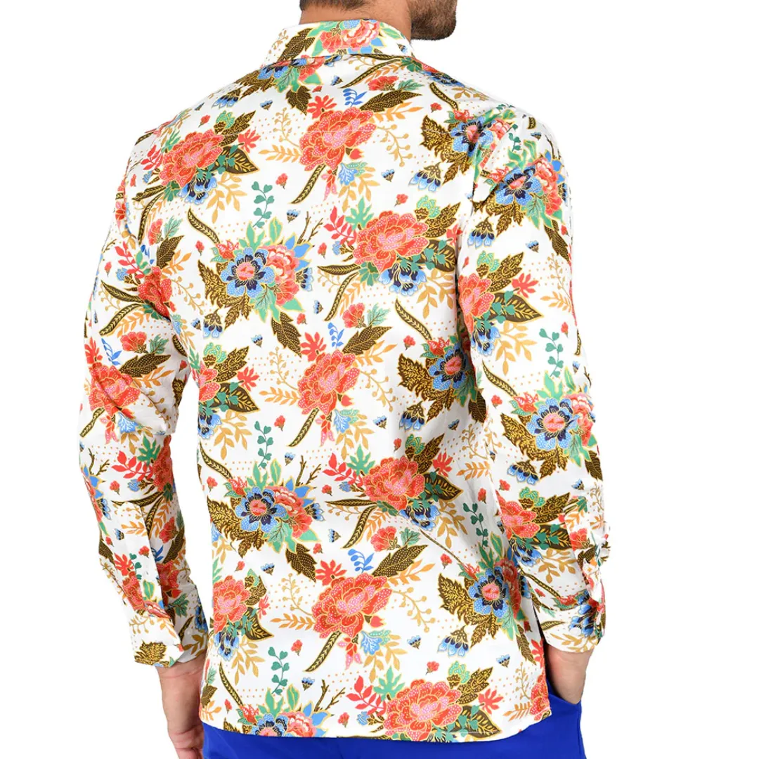 Men's Long Sleeve Button Down Dress Shirt White Red Colorful Floral Design
