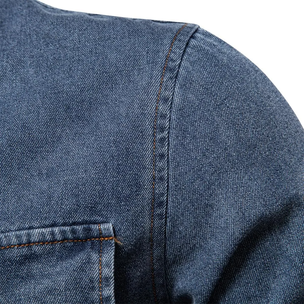 Mens Long Sleeve Denim Shirt Slim Fit Cotton Button Down Casual Work Shirts for Men Double Pocket