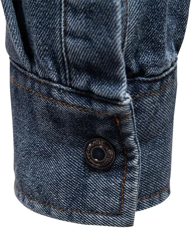 Mens Long Sleeve Denim Shirt Slim Fit Cotton Button Down Casual Work Shirts for Men Double Pocket