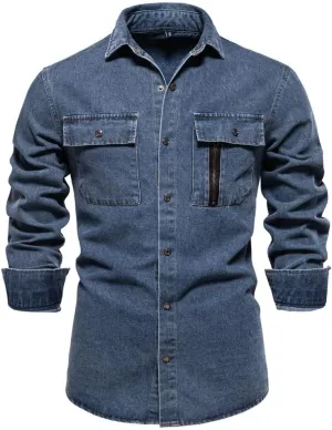 Mens Long Sleeve Denim Shirt Slim Fit Cotton Button Down Casual Work Shirts for Men Double Pocket