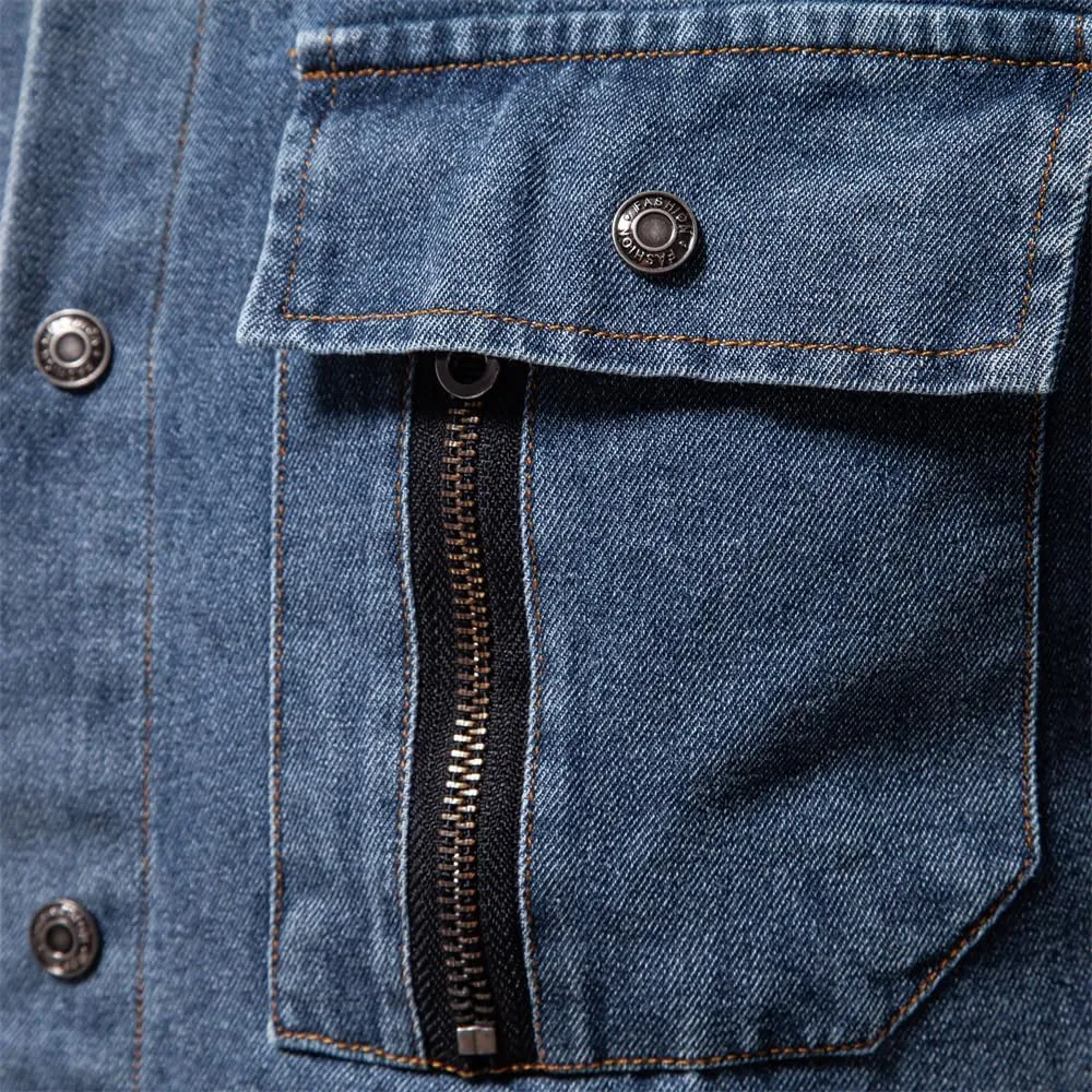 Mens Long Sleeve Denim Shirt Slim Fit Cotton Button Down Casual Work Shirts for Men Double Pocket