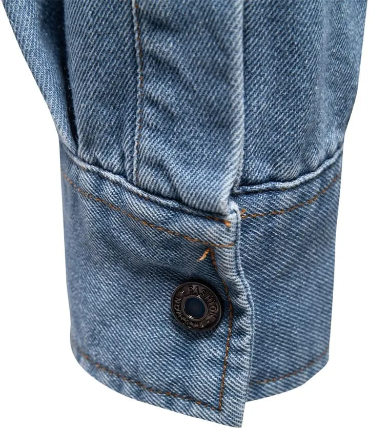 Mens Long Sleeve Denim Shirt Slim Fit Cotton Button Down Casual Work Shirts for Men Double Pocket