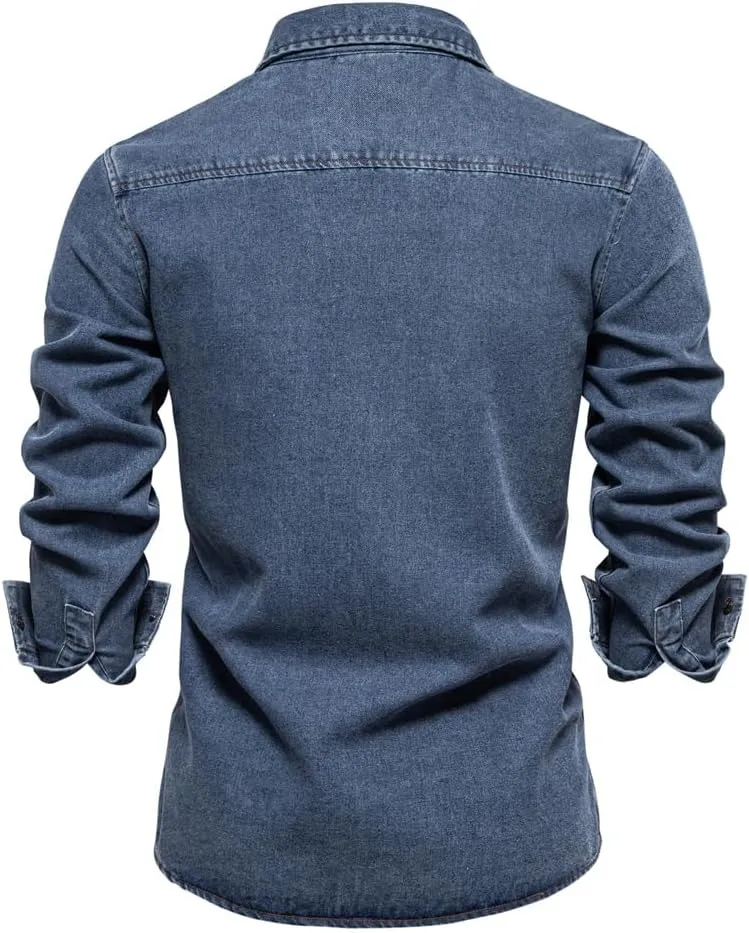 Mens Long Sleeve Denim Shirt Slim Fit Cotton Button Down Casual Work Shirts for Men Double Pocket