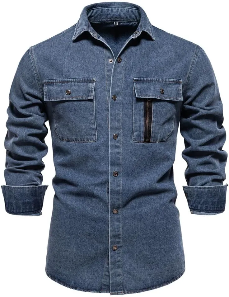 Mens Long Sleeve Denim Shirt Slim Fit Cotton Button Down Casual Work Shirts for Men Double Pocket