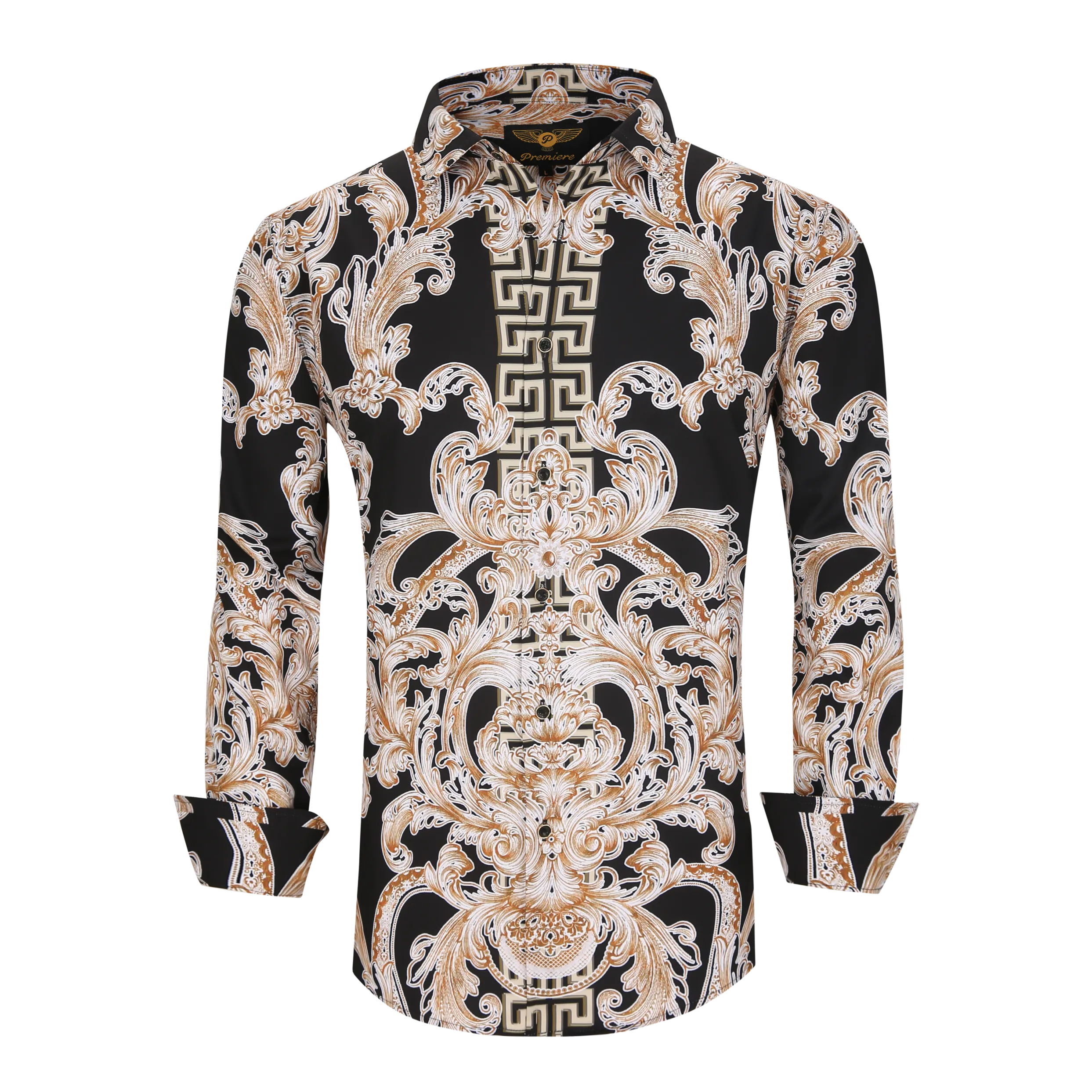 Men's PREMIERE Black Gold Paisley Tribal Floral Long Sleeve Button Down Dress Shirt