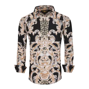 Men's PREMIERE Black Gold Paisley Tribal Floral Long Sleeve Button Down Dress Shirt