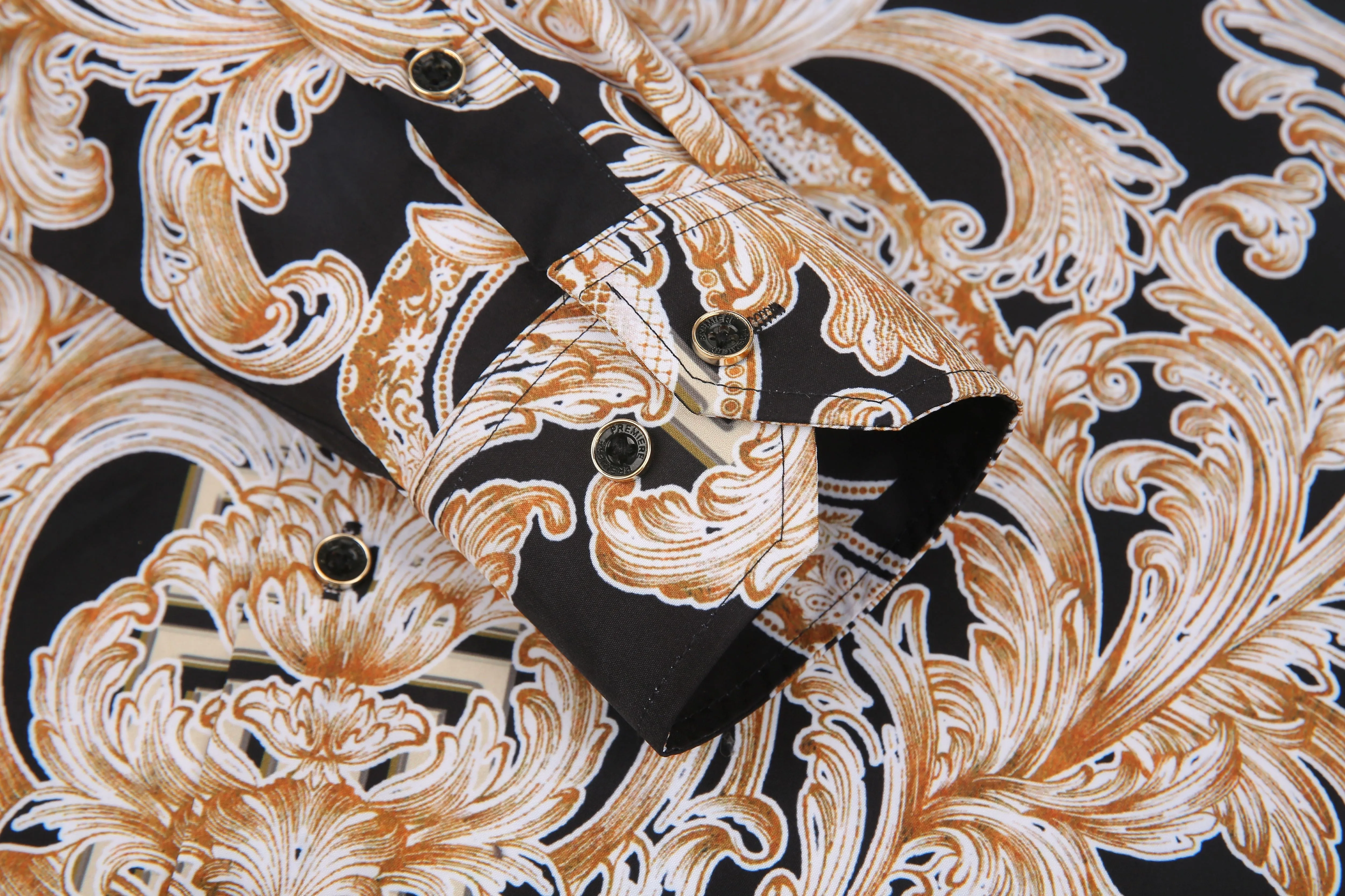 Men's PREMIERE Black Gold Paisley Tribal Floral Long Sleeve Button Down Dress Shirt