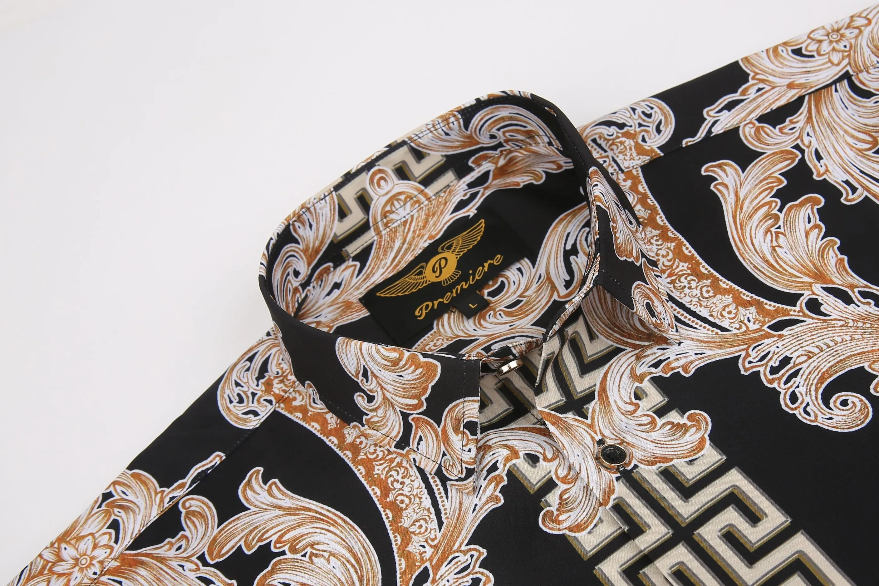 Men's PREMIERE Black Gold Paisley Tribal Floral Long Sleeve Button Down Dress Shirt