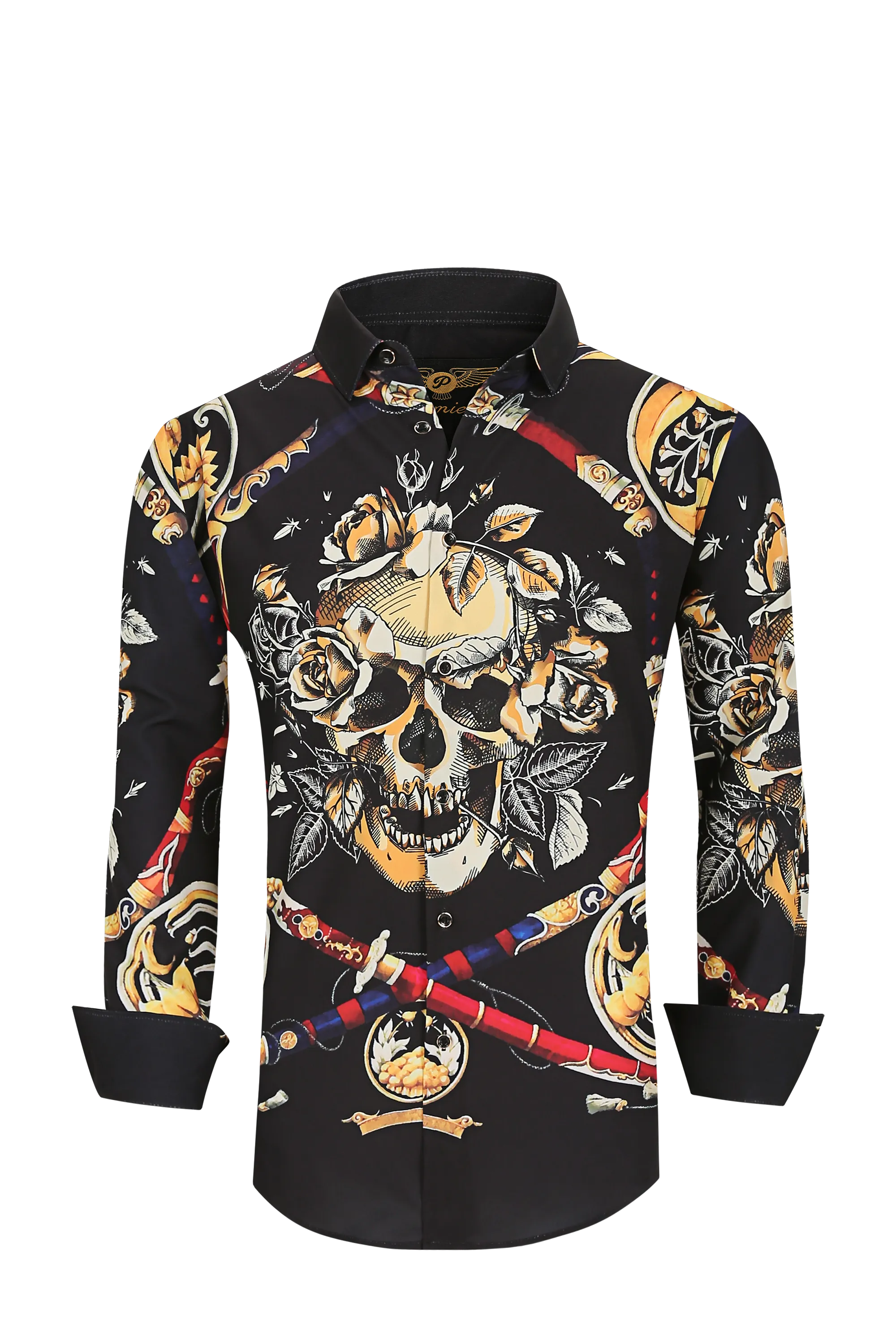 Mens PREMIERE Long Sleeve Button Down Dress Shirt Black Samurai Skull