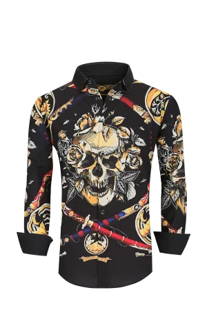 Mens PREMIERE Long Sleeve Button Down Dress Shirt Black Samurai Skull