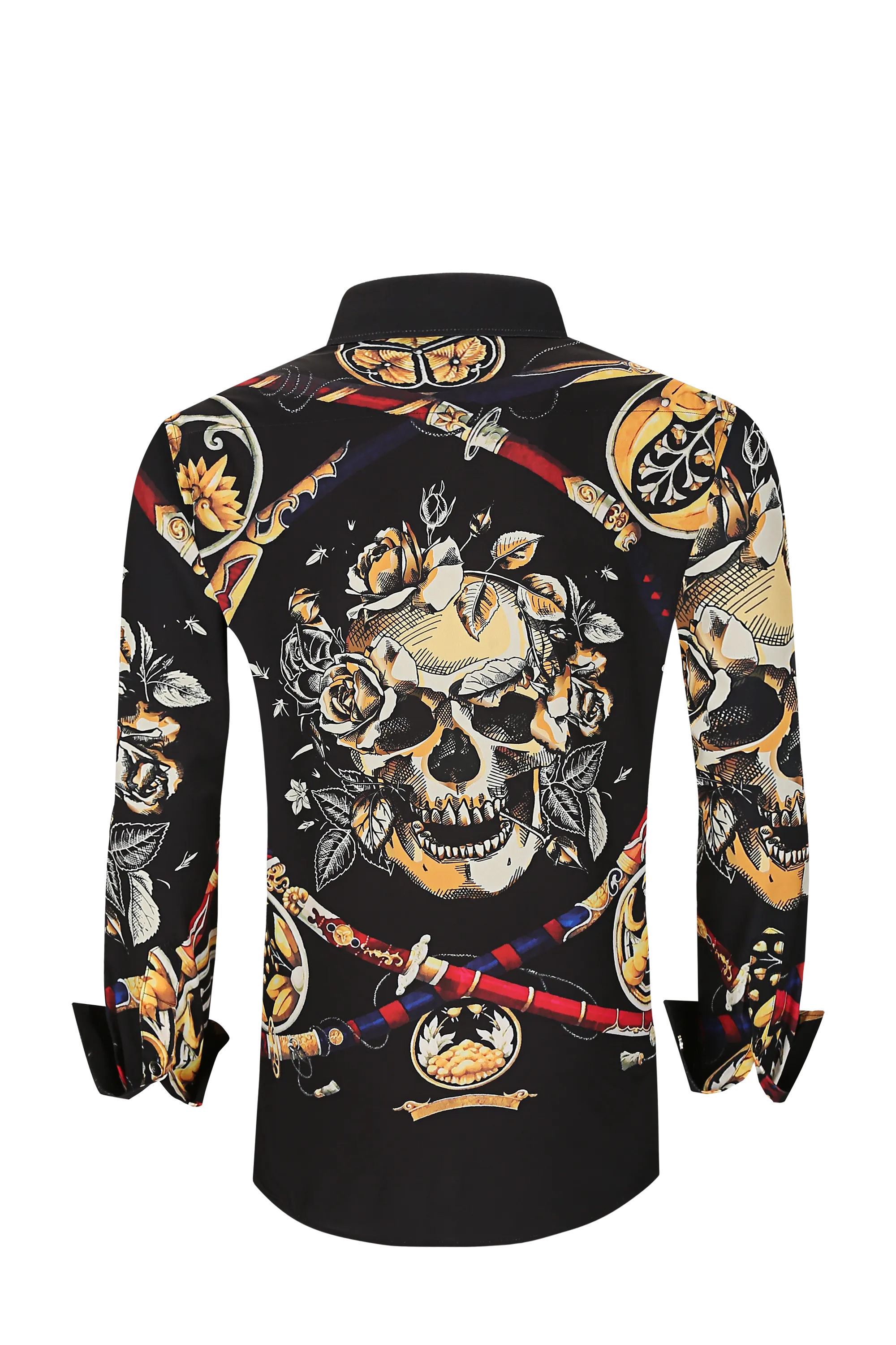 Mens PREMIERE Long Sleeve Button Down Dress Shirt Black Samurai Skull