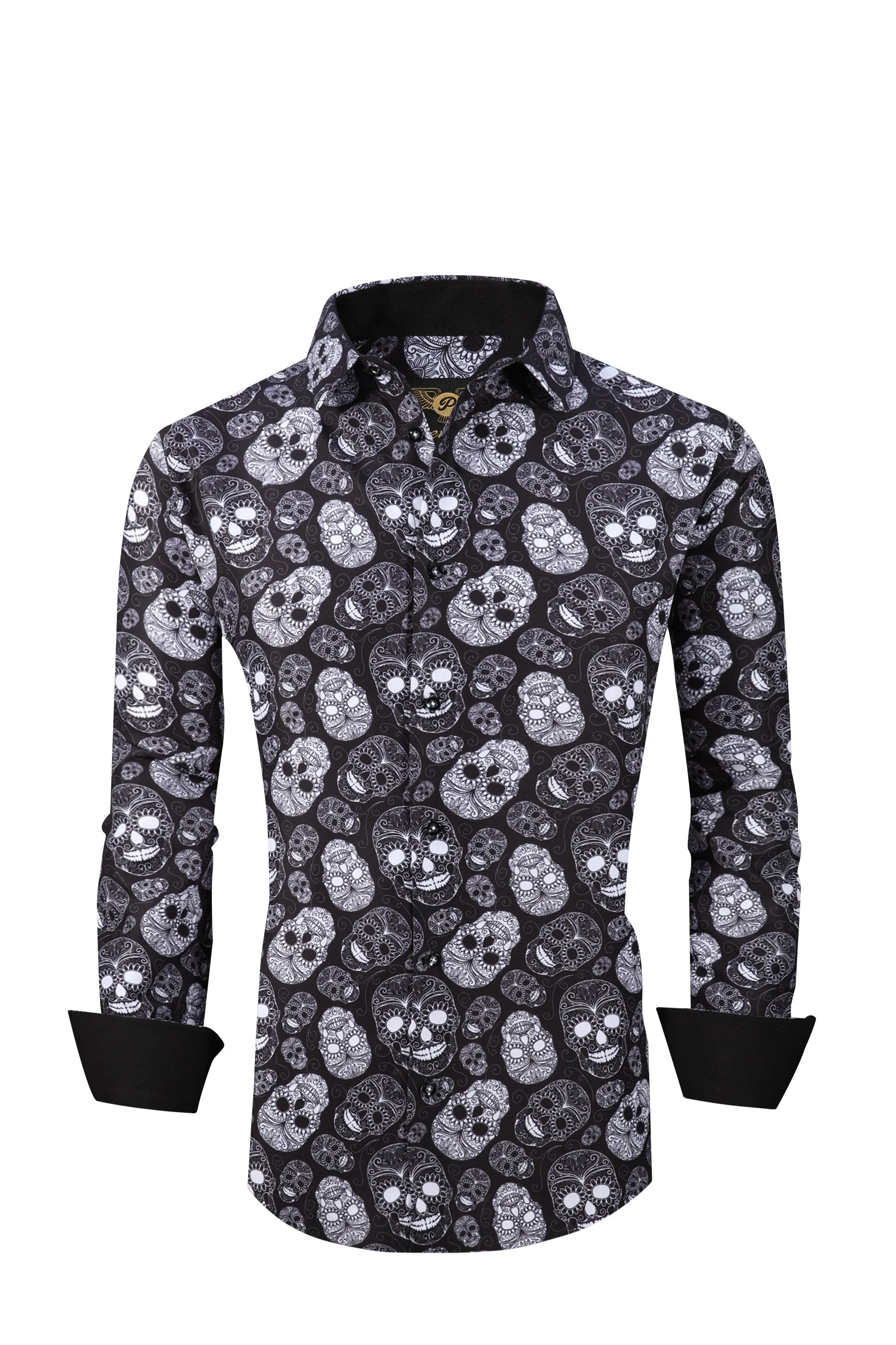 Mens PREMIERE Long Sleeve Button Down Dress Shirt Black White Abstract Skull