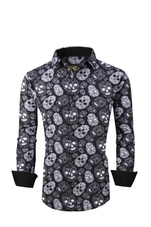 Mens PREMIERE Long Sleeve Button Down Dress Shirt Black White Abstract Skull