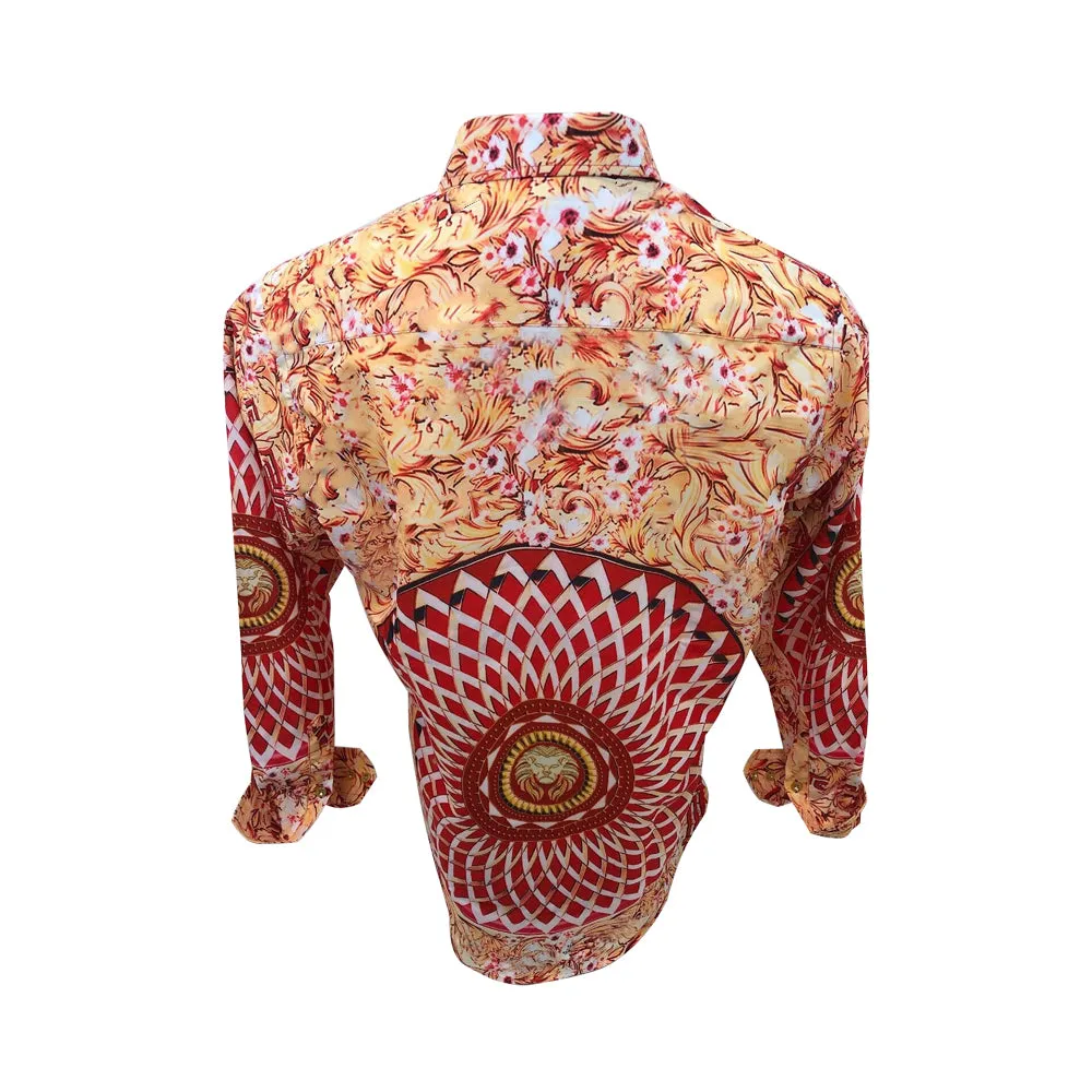 Mens PREMIERE Long Sleeve Button Down Dress Shirt Red Fire Asian Lion Head