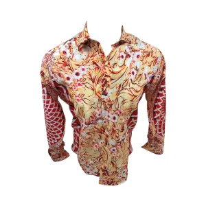 Mens PREMIERE Long Sleeve Button Down Dress Shirt Red Fire Asian Lion Head
