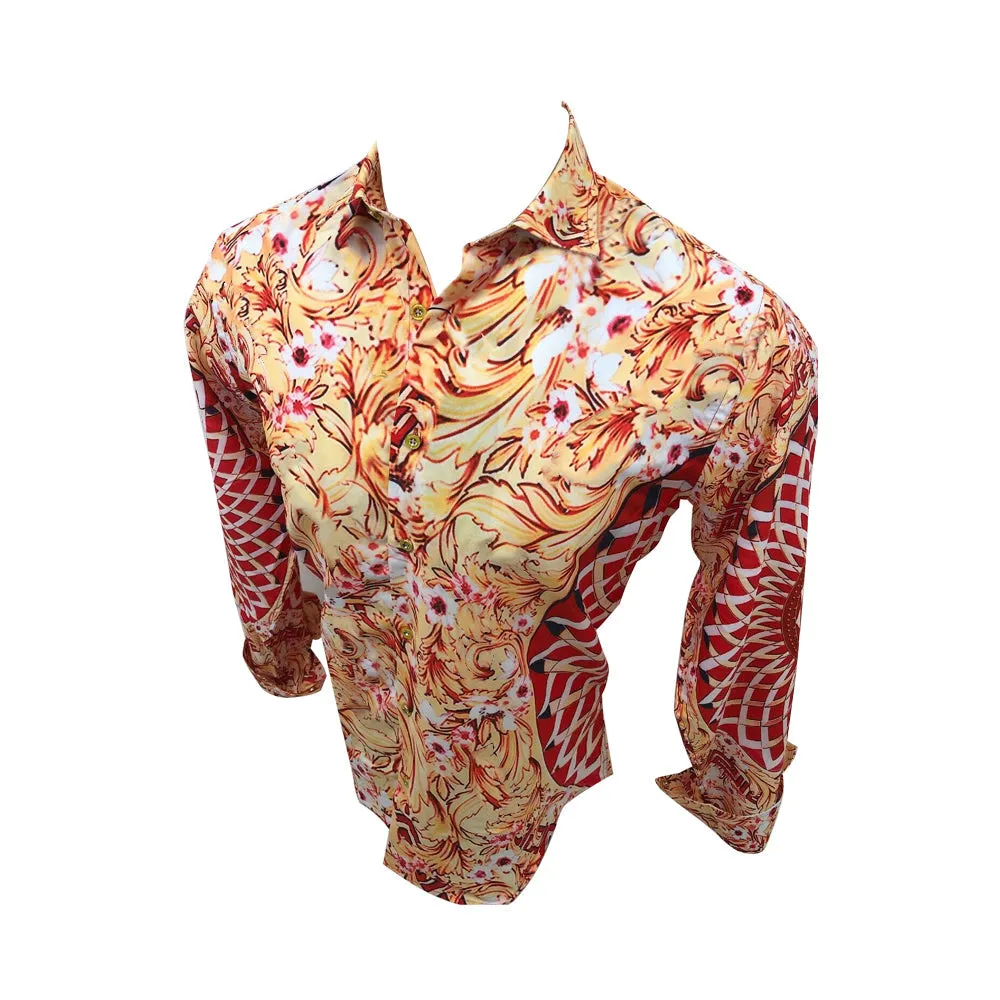 Mens PREMIERE Long Sleeve Button Down Dress Shirt Red Fire Asian Lion Head