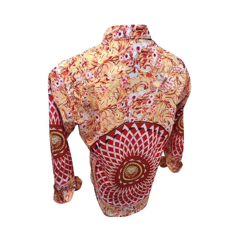 Mens PREMIERE Long Sleeve Button Down Dress Shirt Red Fire Asian Lion Head