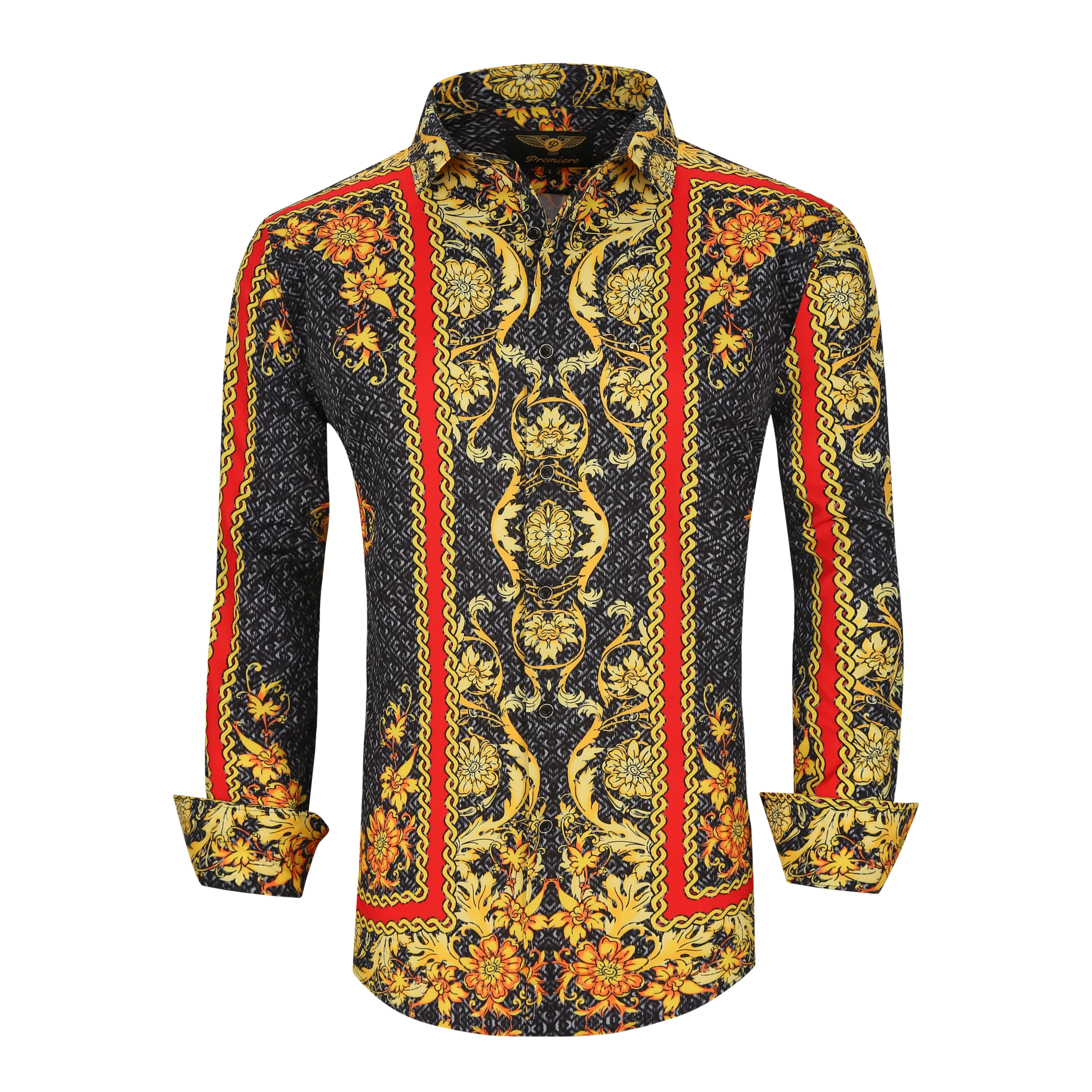 Men's PREMIERE Red Black Grey Gold Floral Tribal Paisley Long Sleeve Button Down Dress Shirt