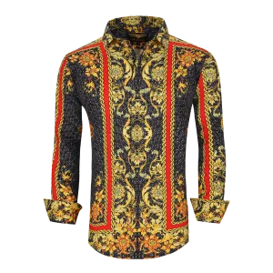 Men's PREMIERE Red Black Grey Gold Floral Tribal Paisley Long Sleeve Button Down Dress Shirt