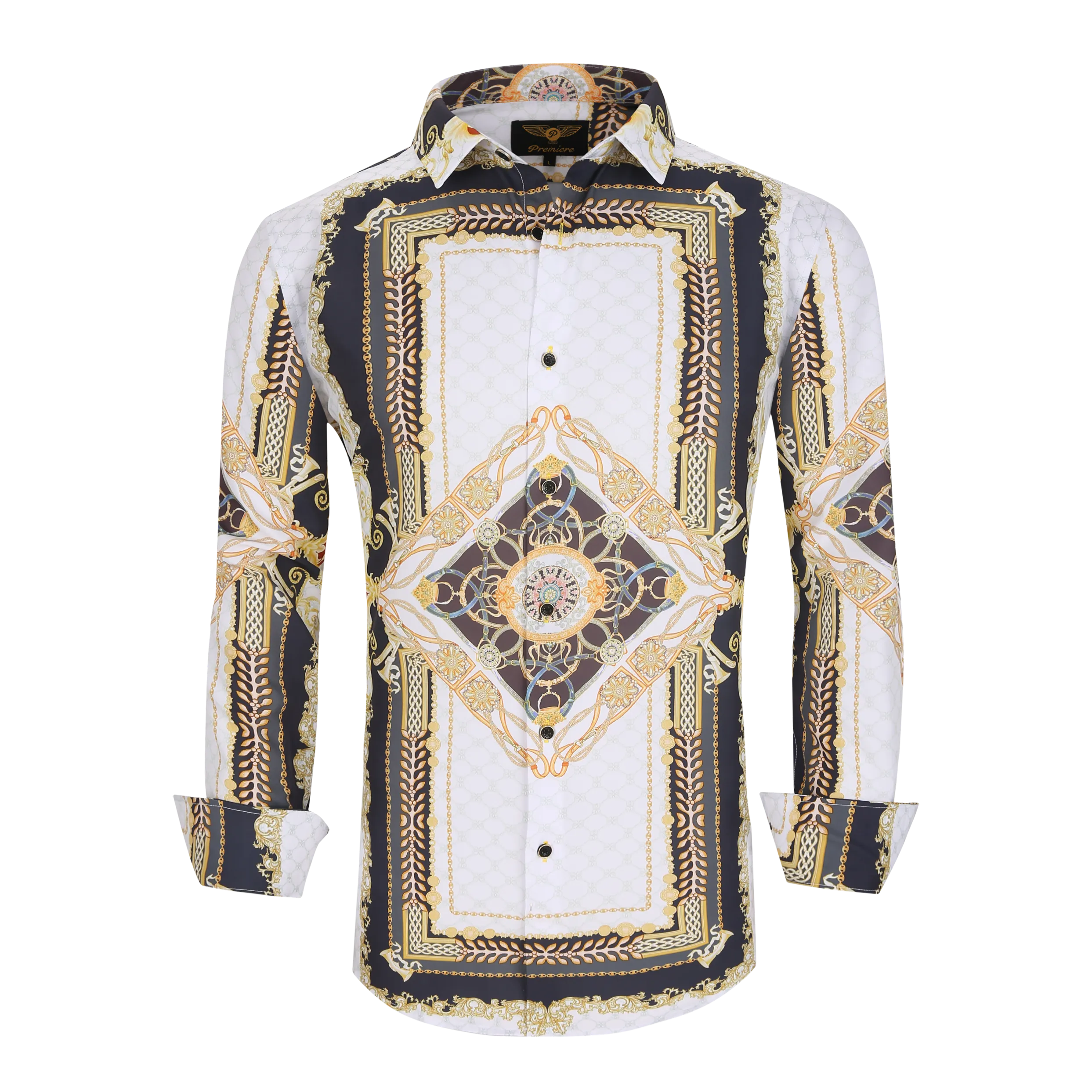 Men's PREMIERE White Gold Black Diamond Paisley Tribal Floral Long Sleeve Button Down Dress Shirt