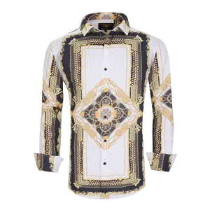 Men's PREMIERE White Gold Black Diamond Paisley Tribal Floral Long Sleeve Button Down Dress Shirt