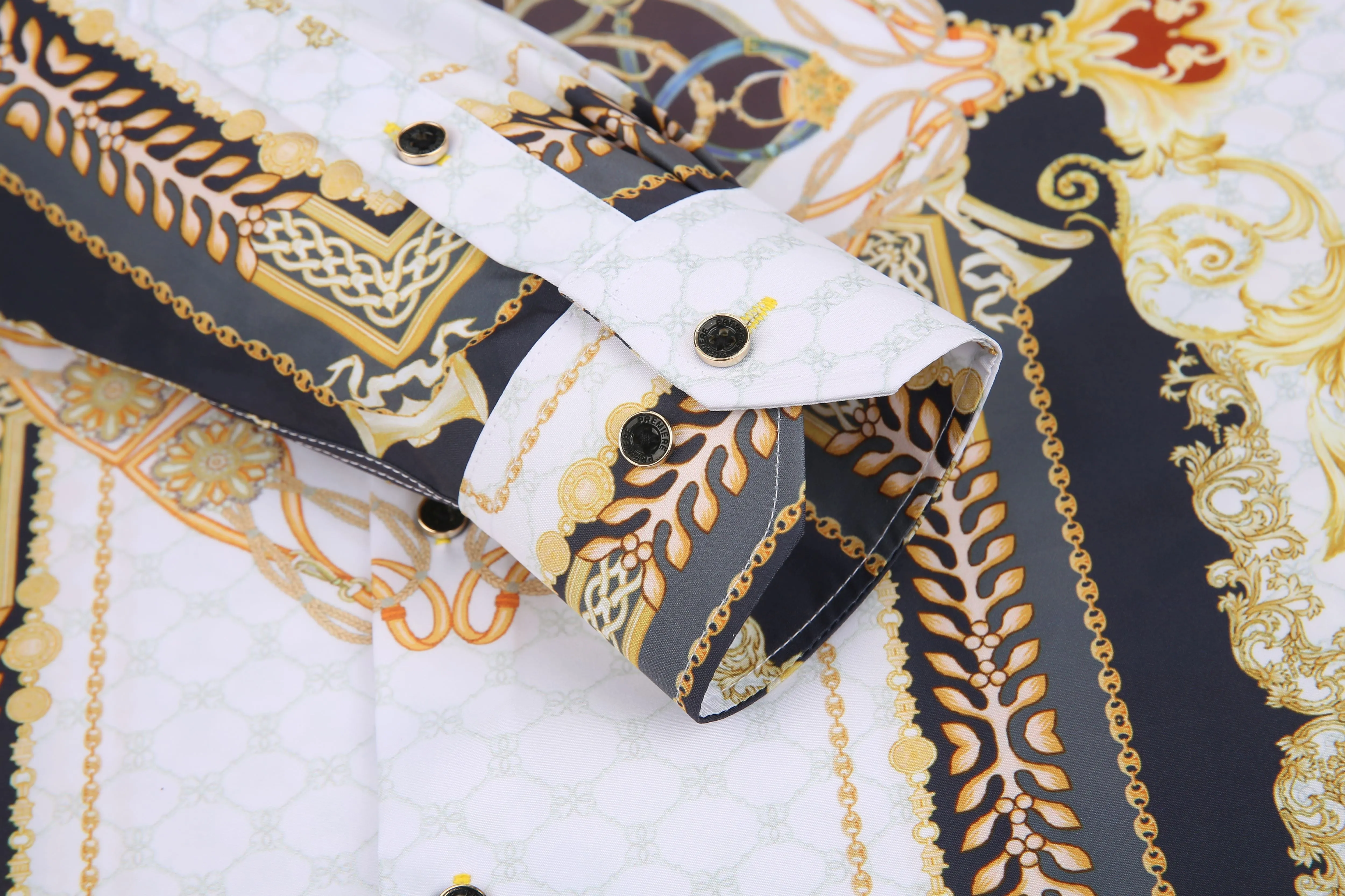 Men's PREMIERE White Gold Black Diamond Paisley Tribal Floral Long Sleeve Button Down Dress Shirt
