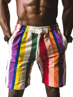 Men's Rainbow Stripe Print Double Pocket Lace-Up Shorts