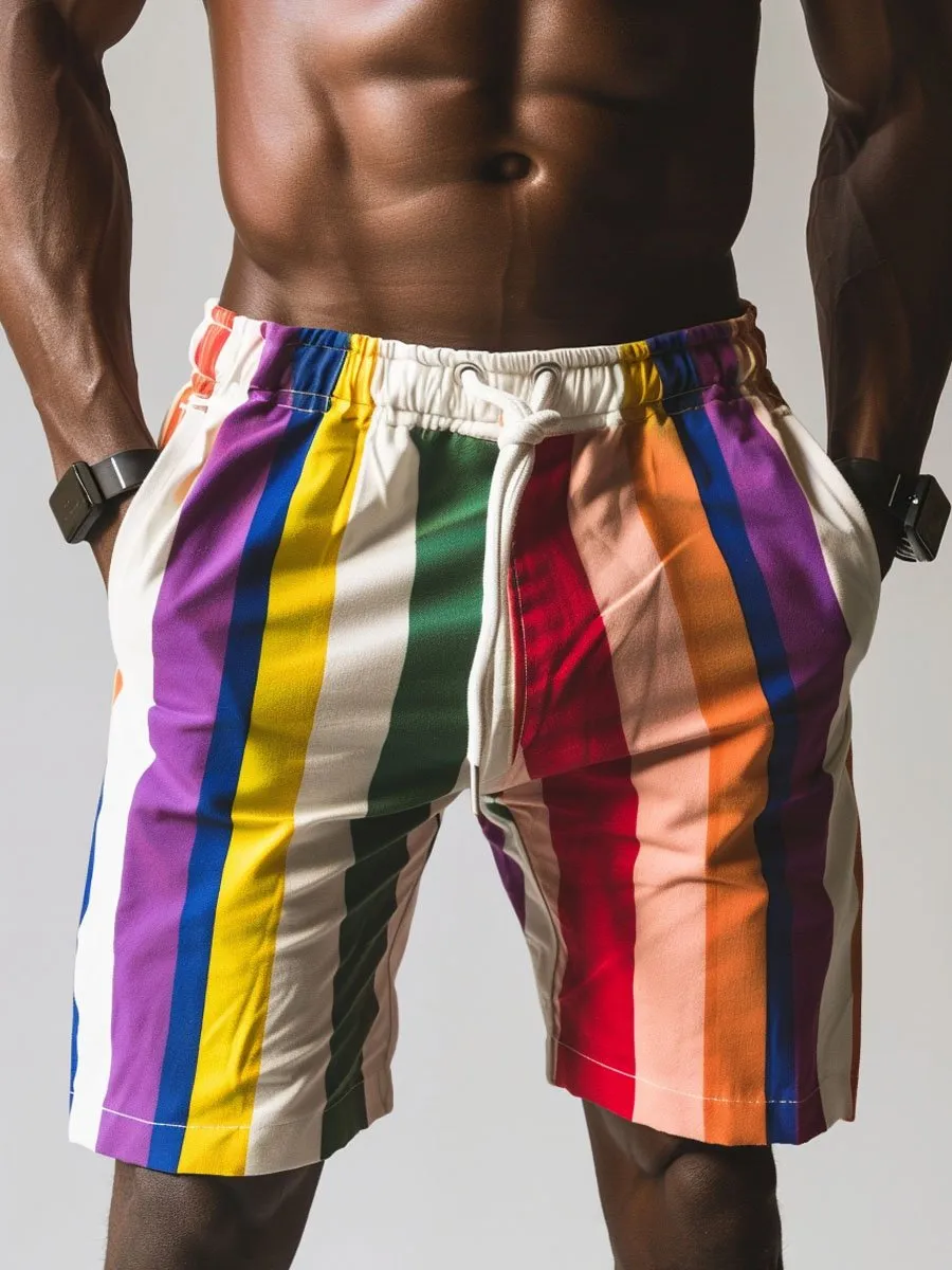 Men's Rainbow Stripe Print Double Pocket Lace-Up Shorts